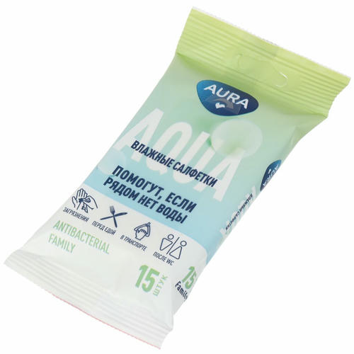 Салфетки влажные Aura Family антибактериальные 15 шт ассорти
