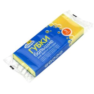 Губка для посуды "Чисто Солнышко" 9,5х7х2,7см, большая, поролон, абразивная фибра, набор 3шт