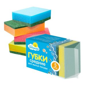 Губка для посуды "Чисто Солнышко" 8,5х6х2,3см, средняя, поролон, абразивная фибра, набор 5шт
