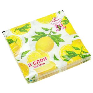 Салфетки бумажные 33х33см "Лилия", 2-х слойные, 20 штук в упаковке, спелый лимон