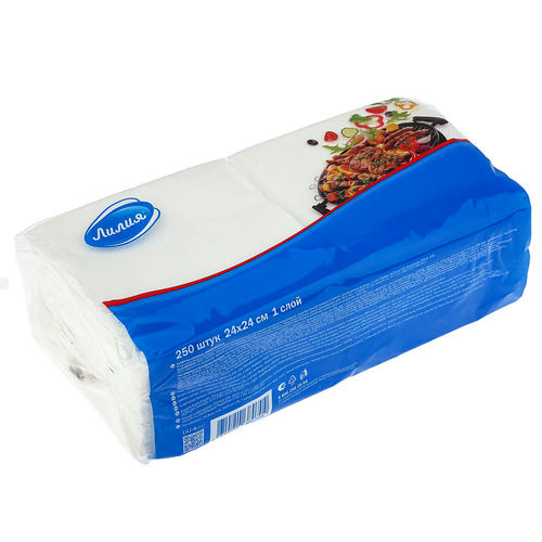 Салфетки бумажные 24х24см "Лилия", 1 слойные, 250 штук в упаковке, "Барбекю", белый