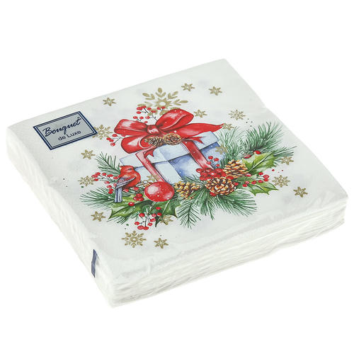 Салфетки бумажные Bouquet de Luxe 24х24 3 слоя 25л "Подарок на Новый год"