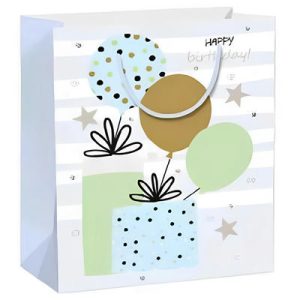 Пакет бумажный Подарки и шары блеск 18х24см