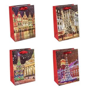 Пакет бумажный подарочный Новый год Город глит микс 14х20
