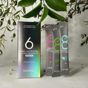 MASIL, НАБОР ПАРФЮМЕРНОЕ УВЛАЖНЯЮЩЕЕ МАСЛО ДЛЯ ВОЛОС 6 SALON LACTOBACILLUS HAIR PERFUME MOISTURE OIL, 66 МЛ И НАБОР МАСОК ДЛЯ ВОЛОС, 8 МЛ