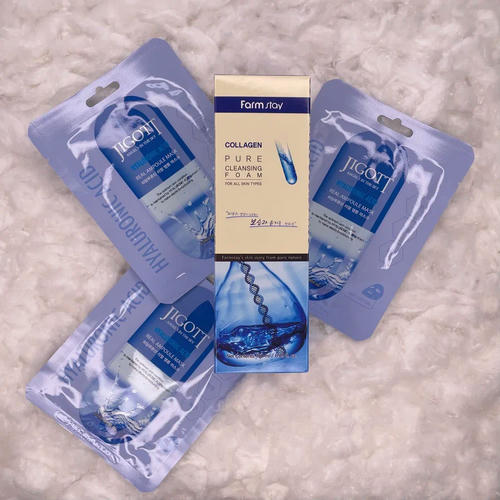 JIGOTT, Набор Пенка для умывания с коллагеном, 180 мл, Тканевая маска для лица с гиалуроновой кислотой, 3 шт