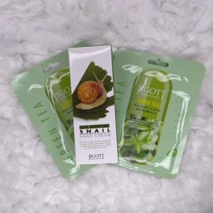 JIGOTT, Набор Крем для рук с муцином улитки 100 мл, Тканевая маска для лица с зеленым чаем, 3 шт