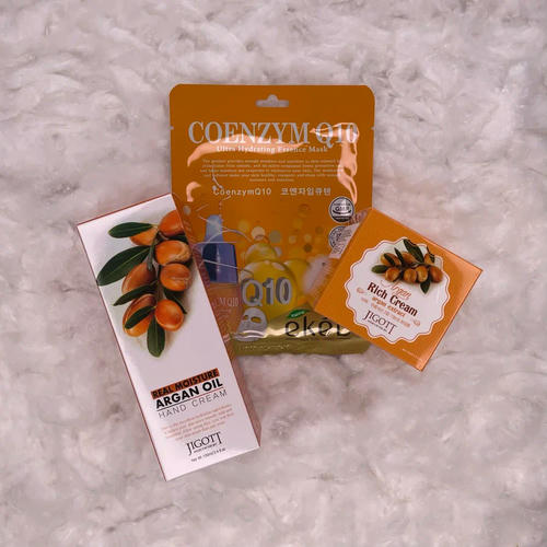 JIGOTT, Набор Крем для рук с аргановым маслом, 100 мл, Крем для лица с аргановым маслом, 70 мл, Тканевая маска для лица с коэнзимом, 1 шт