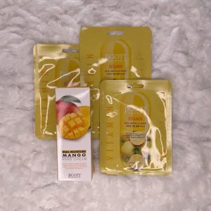 JIGOTT, Набор Крем для рук с маслом манго, 100 мл, Тканевая маска для лица с витаминами, 3 шт