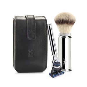 Дорожный бритвенный набор MUEHLE, чехол из натуральной черной кожи, дорожный помазок, дорожная бритва Fusion