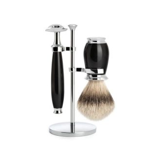 Бритвенный набор MUEHLE PURIST, черная смола, барсучий ворс высшей категории Silvertip, Т-образная бритва