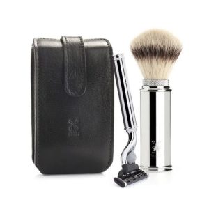 Дорожный бритвенный набор MUEHLE, чехол из натуральной черной кожи, дорожный помазок, дорожная бритва Mach3