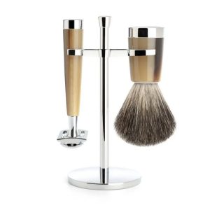 Бритвенный набор MUEHLE LISCIO, смола, цвет рога, натуральный барсучий ворс, Т-образная бритва