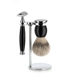 Бритвенный набор MUEHLE SOPHIST, черная смола, барсучий ворс высшей категории Silvertip, Т-образная бритва