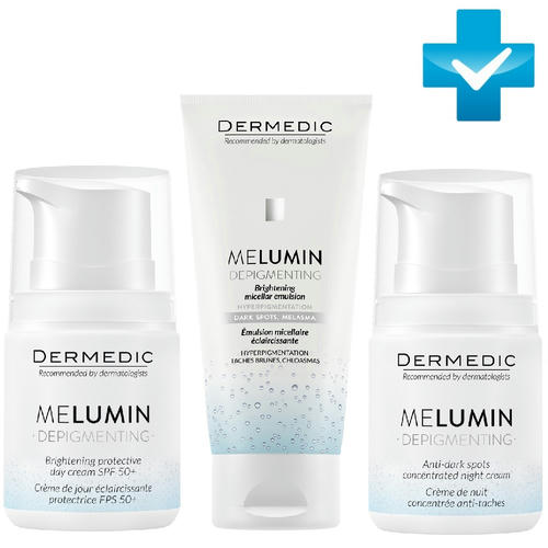 Дермедик Набор "Уход против пигментации": дневной крем, 50 г + ночной крем, 50 г + мицеллярная эмульсия, 200 г (Dermedic, Melumin)