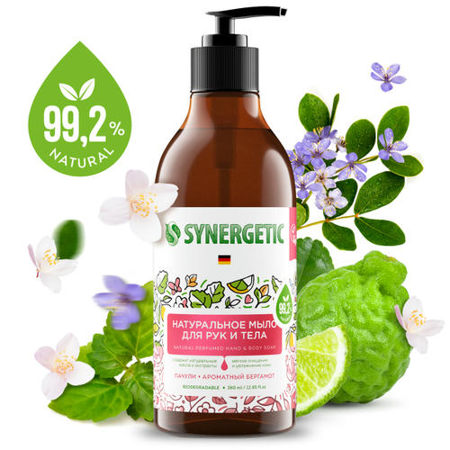 Жидкое мыло для рук и тела SYNERGETIC Пачули и ароматный бергамот натуральное, 380мл