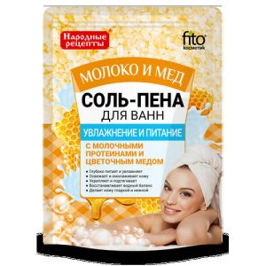 Соль для ванн Народные рецепты молоко и мед с пеной, увлажняющая и питательная, 200гр