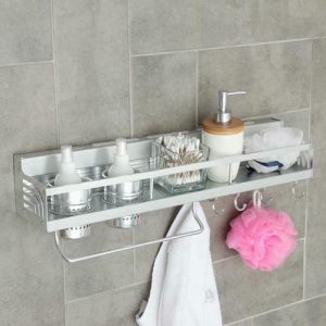 Полка откидная с держателем полотенец, с 2 стаканами, 8 крючков, 58,5x17,5x12 см, алюминий
