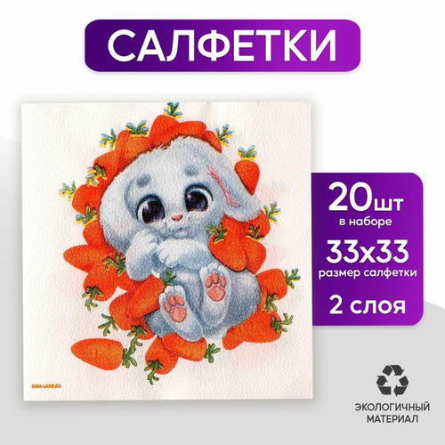 Салфетки бумажные однослойные «Зайка в морковке», 33 х 33 см, набор 20 штук