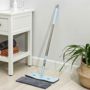 Швабра для мытья пола силиконовая, мягкая, насадка из микрофибры 39x14 см, телескопическая ручка из нержавеющей стали 88-128 см, цвет голубой