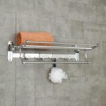 Полка откидная с держателем полотенец, 4 двойных крючка, 59,5x26x14 см, цвет хром