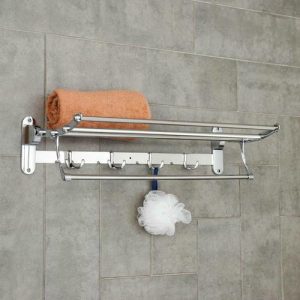 Полка откидная с держателем полотенец, 4 двойных крючка, 59,5x26x14 см, цвет хром