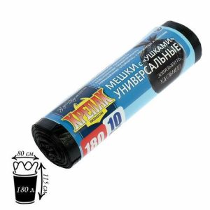 Мешки для мусора «КРЕПАК», 180 л, с ушками, ПНД, 20мкм, 80x115 см, 10шт, цвет чёрный