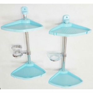 Угловая полка, алюминиевая трубка, 4 полки, мыльница и стакан для щёток, цвет голубой