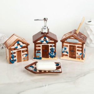 Набор аксессуаров для ванной комнаты Доляна «Маяк», 4 предмета (дозатор 400 мл, мыльница, 2 стакана), цвет бежевый