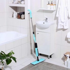 Швабра для мытья пола с распылителем и щёткой, насадка из микрофибры 41x14 см, стальной черенок 120 см, цвет голубой