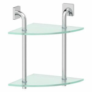 Угловая полка двухъярусная, ширина 26 см, матовое стекло, хром