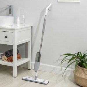 Швабра для мытья пола с распылителем и щёткой, насадка из микрофибры, 41x12 см, стальной черенок 115 см, цвет белый