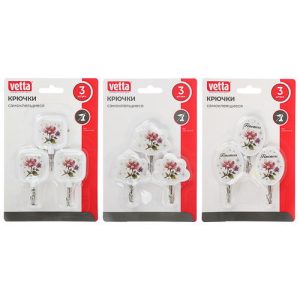 VETTA Крючки самоклеящиеся на блистере, 3шт, пластик, металл, 3 дизайна,