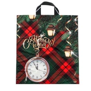 Новый год. Пакет "Часы с фонариками", полиэтиленовый с петлевой ручкой, 42х38 см - 50 шт.