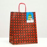 Новый год. Пакет бумажный подарочный новогодний крафт "Красная клеточка" 22 х 12 х 27 см - 5 шт.