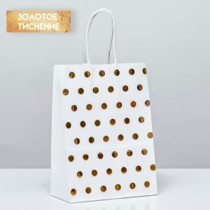Пакет крафт с золотым тиснением, круглая ручка, белый, 15 х 21 х 8 см, 120 г - 12 шт.