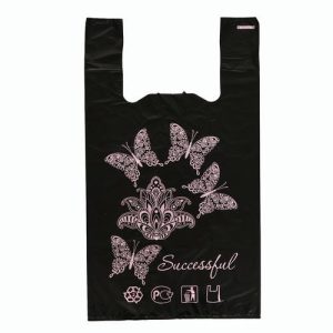 Пакет майка полиэтиленовый 30 + 16 х 53 см, 25 мкм, чёрный "Бабочки сиреневые" - 100 шт.