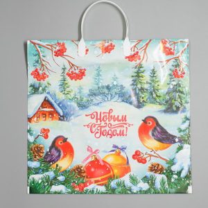 Новый год. Пакет "Птичья трель", полиэтиленовый с пластиковой ручкой, 37х34см - 10 шт.