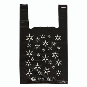 Пакет майка полиэтиленовый 32 + 16 x 55 см, 15 мкм, черный "Звезды" - 100 шт.