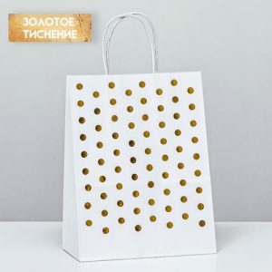Пакет крафт с золотым тиснением, круглая ручка, белый, 27 х 21 х 11 см, 120 г - 12 шт.