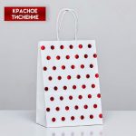 Пакет крафт с красным тиснением, круглая ручка, белый, 15 х 21 х 8 см, 120 г - 12 шт.