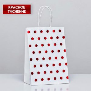 Пакет крафт с красным тиснением, круглая ручка, белый, 15 х 21 х 8 см, 120 г - 12 шт.