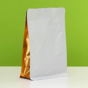 Пакет восьмишовный под кофе, с клапаном, плоское дно, белый-золотой,20 х 13 х 7см - 50 шт.